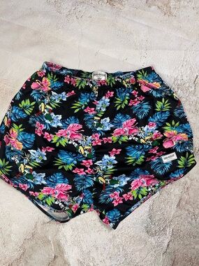 Tropical Floral Athletic Shorts in Black with Pink & Blue Accents